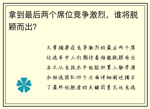 拿到最后两个席位竞争激烈，谁将脱颖而出？